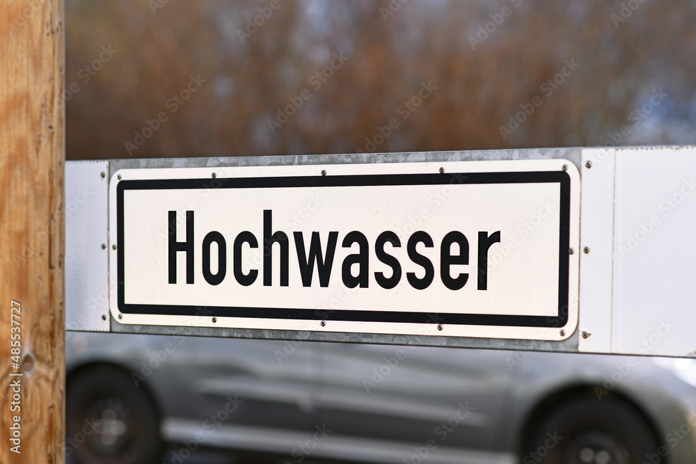 German water flood sign at Rhine river saying 'Hochwasser' German water flood sign at Rhine river saying 'Hochwasser'