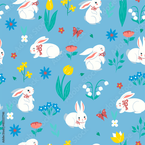 Seamless pattern with cute spring rabbits and flowers. Vector graphics.
