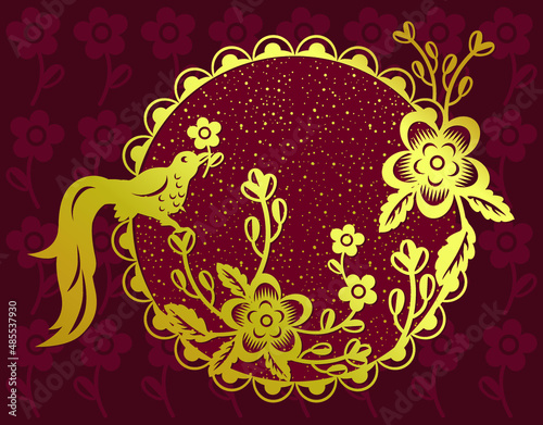 Bird and flowers golden frame on dark red background. Chinese new year. Vector art.