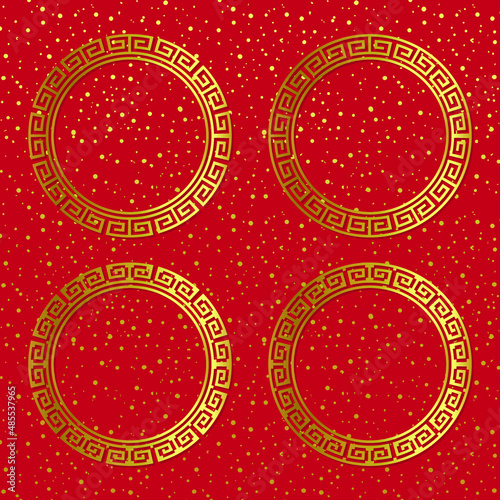Four version of golden frames on red background. Circular oriental borders. Chinese new year. Vector art.