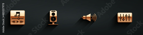 Set Music player, Stereo speaker, Speaker volume and Sound mixer controller icon with long shadow. Vector