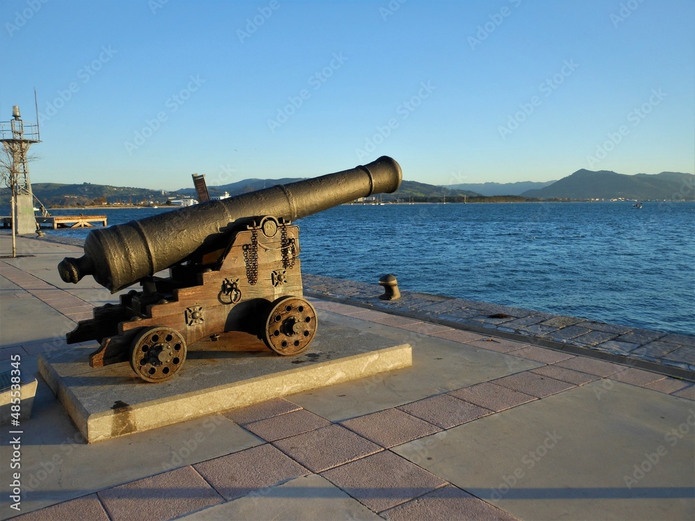 Close-up of an artillery cannon from an ancient fortification on the Cantabrian coast.
