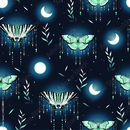 Moon and butterfly pattern. Ethnic moon seamless pattern. Floral celestial decorative background. Bohemian fabric design. 