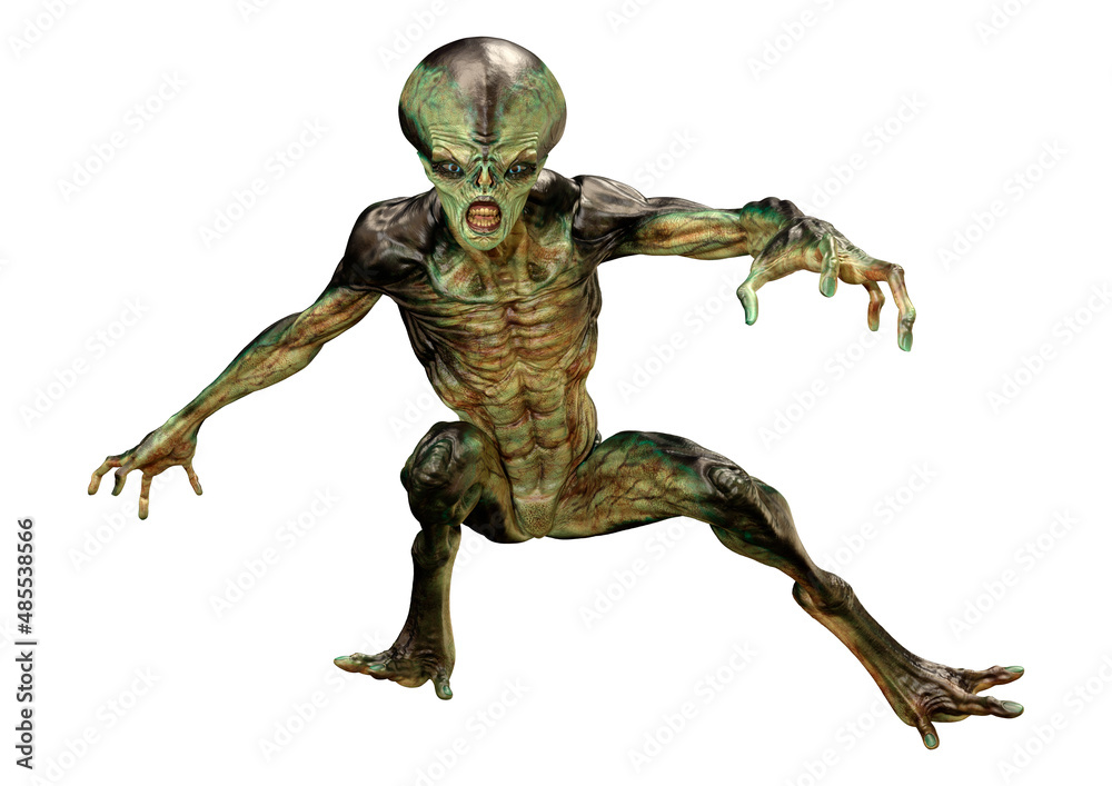 3D Rendering Green Alien on White 3D Rendering Green Alien on White