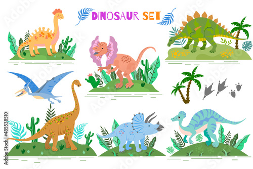 Set of cute flat dinosaurs. Funny prehistoric lizards for kids. Collection of ancient reptiles with vegetative surroundings. Jurassic animals. Vector illustration isolated on white background.