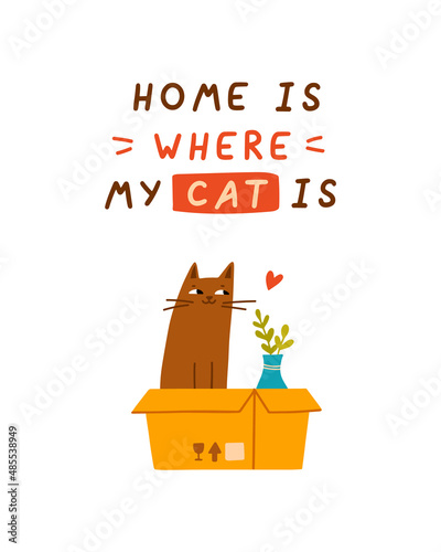 Cat in box. Cute illustration with cat sitting in cardboard box. Adopt homeless pet, vector banner, poster, print. Animal care, adoption concept. Help homeless animals find a home.