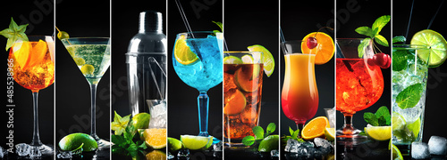 Collage of various cocktails with shaker