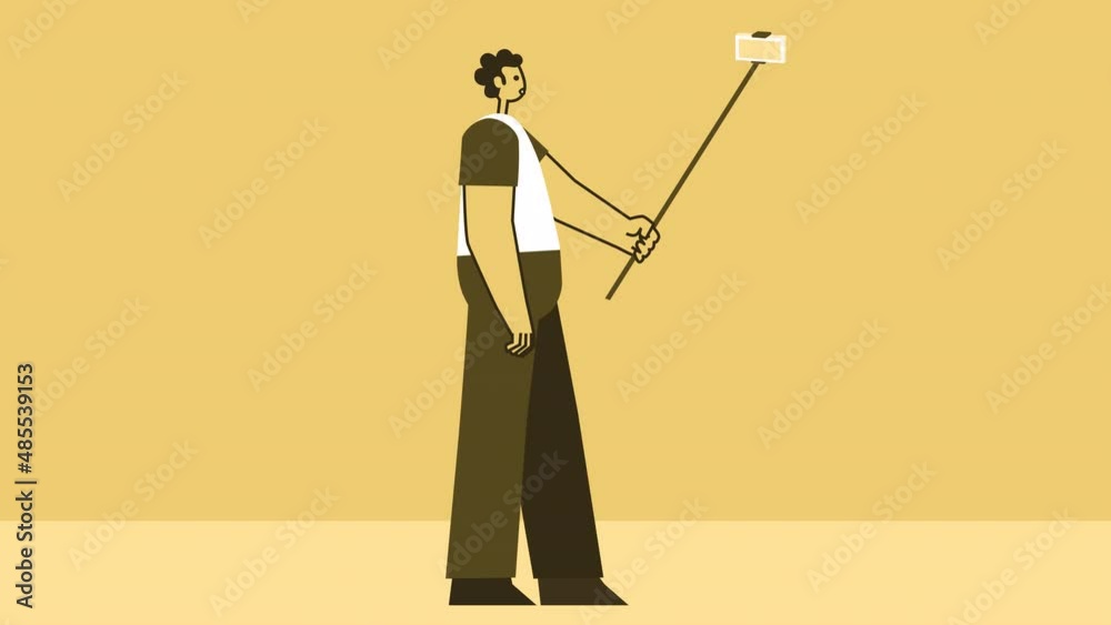 Yellow Style Man Flat Character Walking with Selfie Stick. Isolated Loop Animation with Alpha matters Yellow Style Man Flat Character Walking with Selfie Stick. Isolated Loop Animation with Alpha matters