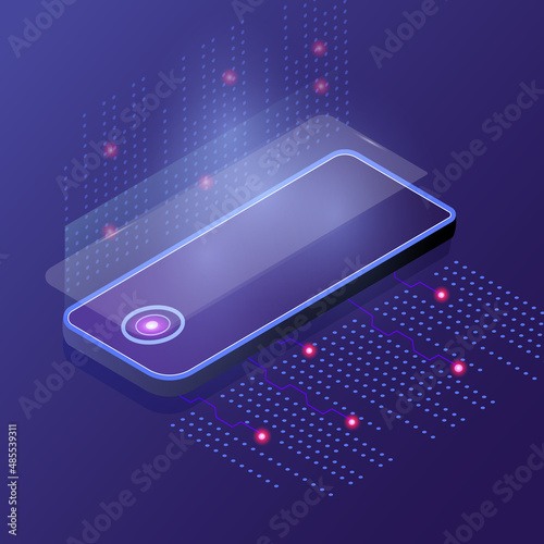 Modern 3D glowing phone in perspective with reflection. Vector illustration. Template, background phone in isometric