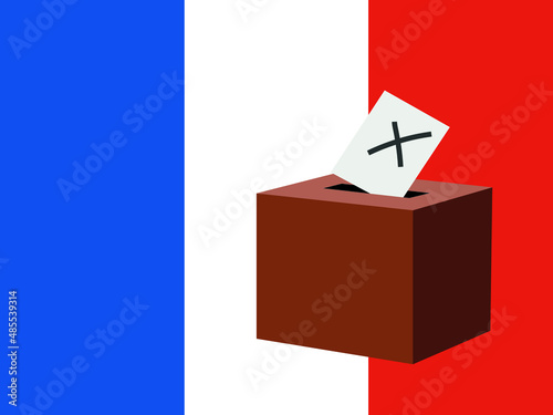 France election concept. Voting at the ballot box with  a big French flag Tricolore in the background. Illustration. Vector available. 