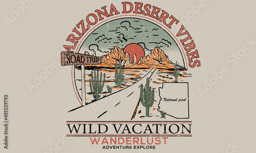 Photo Arizona desert vibes vintage graphic print design for t shirt, poster, sticker and others