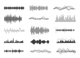 Sound waves. Musical sounds, black wave tracks. Music impulse waveform icons. Voice radio audio track. Exact signal amplitude vector collection