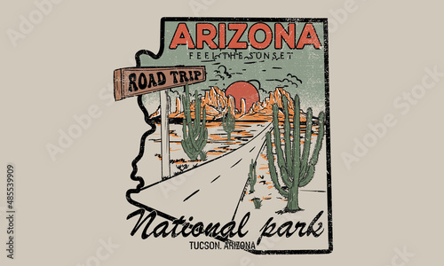 Arizona desert road trip vintage graphic print design for t shirt, poster, sticker and others. Cactus and mountain in arizona map vector artwork.