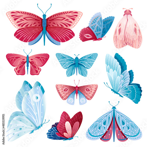 Isolated butterflies set. Floral butterfly  vintage spring flying insect. Blue pink moth  cartoon wild animals. Forest fauna  decorative swanky vector set