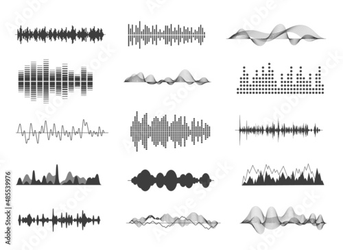 Sound waves. Musical sounds, black wave tracks. Music impulse waveform icons. Voice radio audio track. Exact signal amplitude vector collection