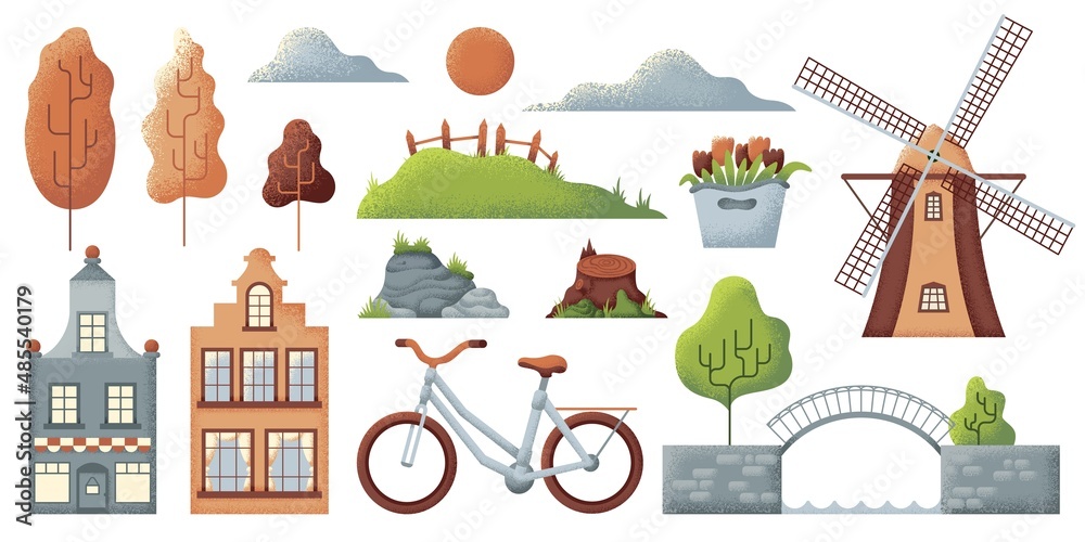 Landscape elements. Rural nature objects, textured bridge and house. City bike, tulips flower bouquet, tree and green hills with wooden fence, swanky vector set