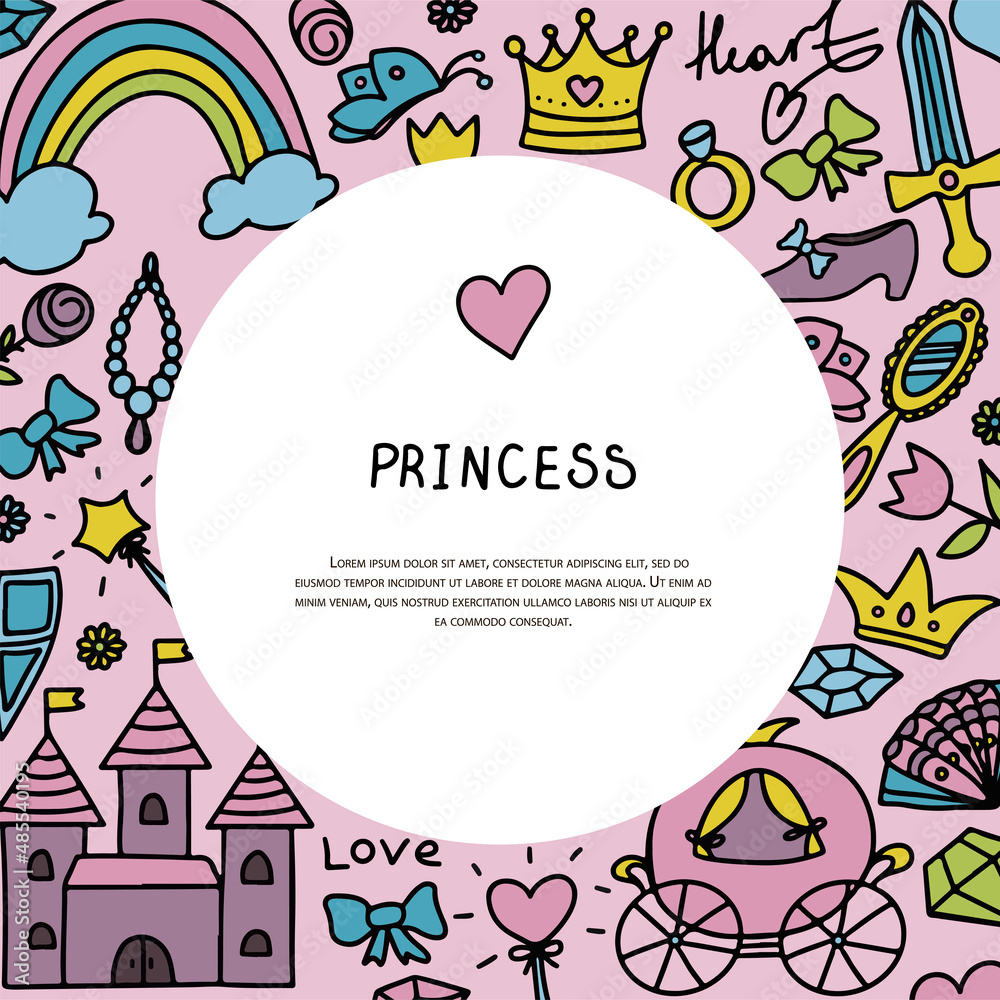 Vector Illustration Hand-Drawn Sketchy Fairy Tale Princess banner Tiara Crown Doodle Design Cards Set Vector Illustration. Cliparts for invitation, ad, book