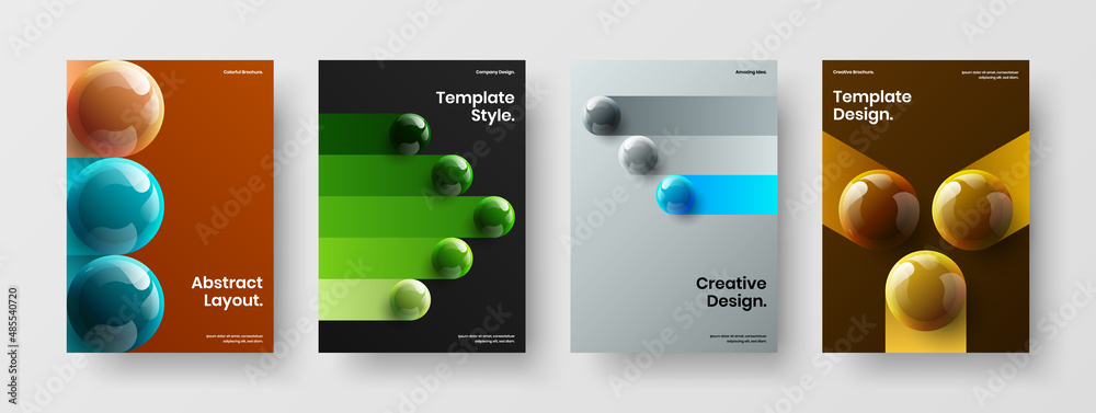 Unique 3D spheres poster template composition. Minimalistic front page A4 vector design illustration set.
