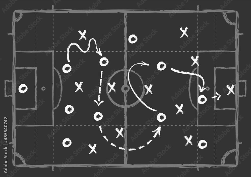 Soccer game scheme. Football chalk blackboard, tactic defence team strategy. Sports game plan, strategic coach training drawing, decent vector background