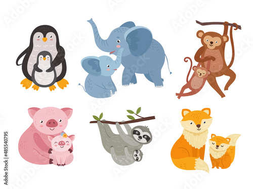Mother and baby animals. Elephants mom and child together. Wild animal parents and babies, cartoon cute characters for children, neoteric vector kit