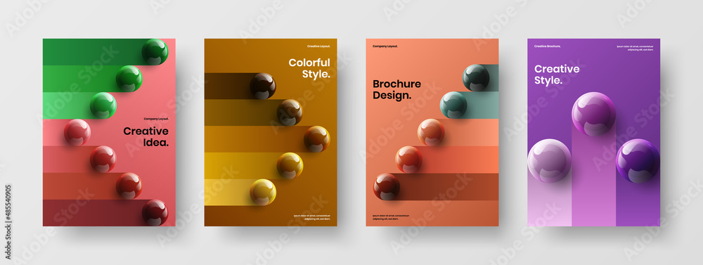 Geometric realistic spheres leaflet template composition. Bright cover A4 vector design illustration bundle.