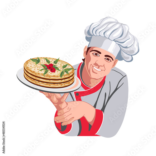 Logo, confectioner in a cap and special clothes, smiling, holding a plate of pancakes. Advertising for the profession of cook, confectioner, pancake, bakery and cafe.