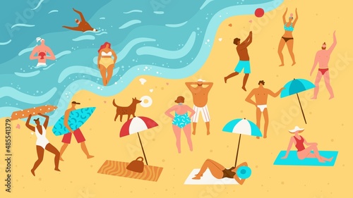 Beach summer holidays people. Sunbathing characters. Men and women in bikinis and swimming trunks. Seashore activities. Ocean vacation. Persons play with ball and surfing. Vector concept