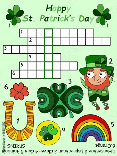 Cartoon crossword with a leprechaun for children in English vector illustration. Funny Irish-themed word game with hand-drawn elements printable activity page. Crossword with keyword for kids