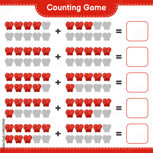 Count and match, count the number of Boxing Gloves and match with the right numbers. Educational children game, printable worksheet, vector illustration © Pure Imagination