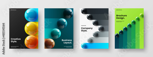 Modern company brochure A4 vector design concept set. Colorful 3D spheres poster illustration collection.