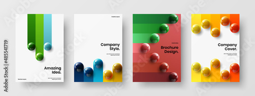 Original 3D balls company brochure template set. Clean poster A4 vector design concept bundle.