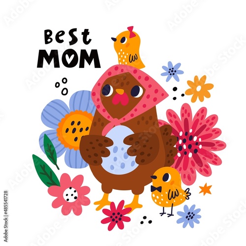Chickens mothers day. Little chicks with funny hen mom. Bird holding egg. Flowers and plants. Cartoon greeting card. Poultry characters. Domestic animals. Fowl family. Vector poster