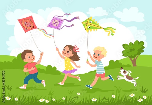 Children fly kites. Happy kids running and launch air toys together in nature. Bright color objects. Different controlled things. Summer leisure. Girl and boys play outdoor. Vector concept