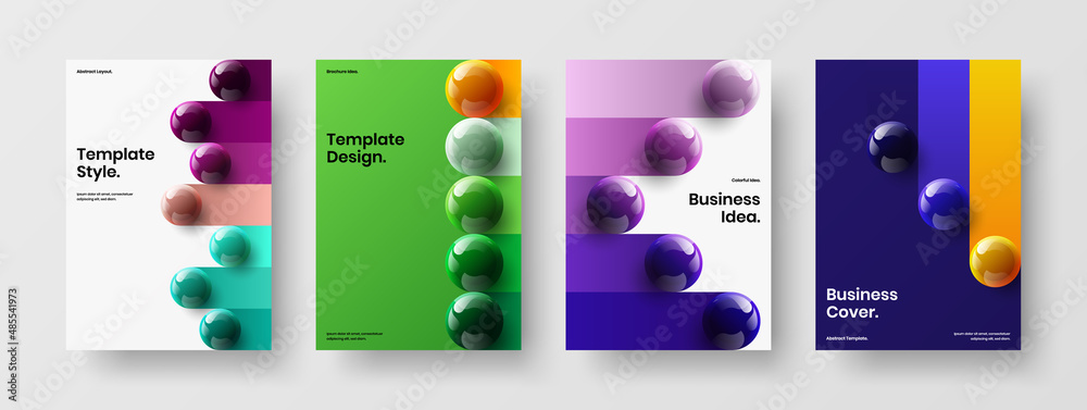 Amazing 3D balls company brochure illustration bundle. Premium corporate cover A4 vector design concept composition.