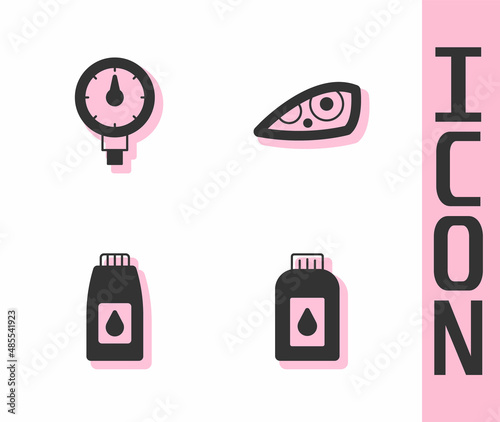 Set Canister for motor machine oil, Tire pressure gauge, and Car headlight icon. Vector