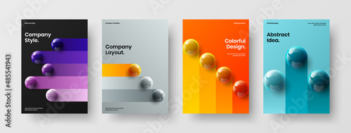 Colorful 3D balls flyer illustration set. Creative company identity A4 vector design layout bundle.