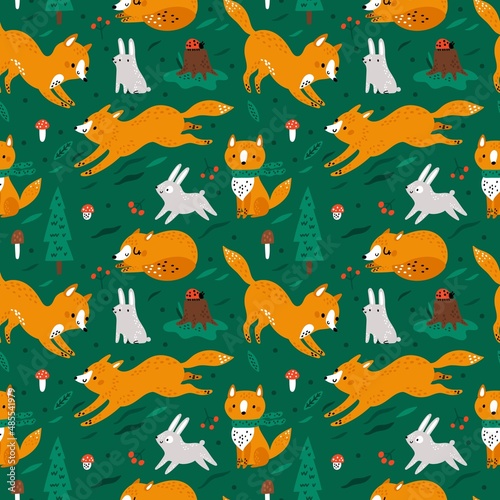 Cute foxes and bunnies seamless pattern. Kids print with funny animals. Red forest dwellers. Scandinavian nature. Baby wallpaper. Cartoon woodland vixens and hares. Vector green background
