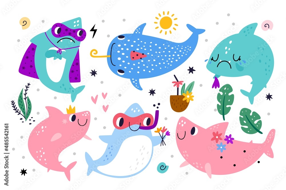 Naklejka premium Cute shark characters. Funny ocean animals. Cartoon mascots. Kids sea creatures with faces. Seaweeds and tropical cocktail. Underwater world. Marine life. Vector undersea predators set