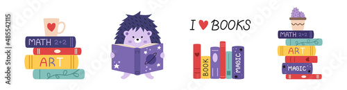 Vector books set. Stack of books and reading hedgehog. I love books lettering. Colorful.
