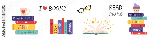 Vector colorfule books set. Stacks of books and open book. I love books and read more lettering. Text. Eyeglasses.