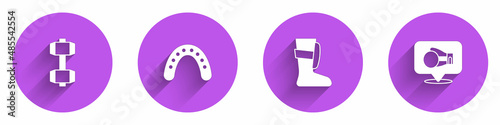 Set Dumbbell, Mouth guard boxer, Sport boxing shoes and Boxing glove icon with long shadow. Vector