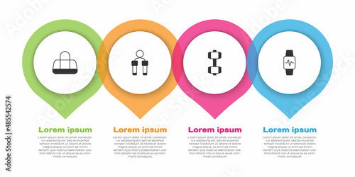 Set Sport bag, Jump rope, Dumbbell and Smart watch with heart. Business infographic template. Vector