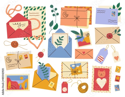 Letters and postcards. Postal paper elements. Closed or open envelopes. Herbarium and message. Handmade mail stamp. Twine or sealing wax. Post communication. Vector correspondence set