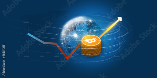 Success in Crypto Currency Investment - Bit Coin Rate Concept with Stats Diagram, Flowing Binary Data Around Earth Globe - Futuristic Dark Blue Design, Vector Illustration