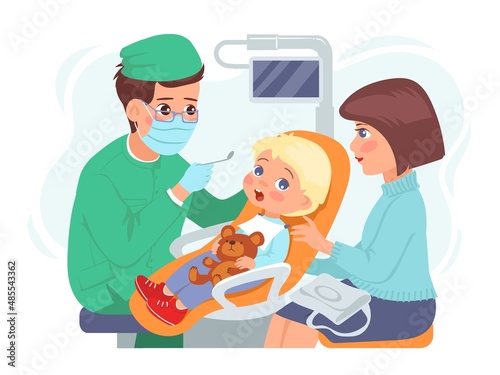 Pediatrician appointment. Little boy in dentists chair. Kids toothache. Mom support. Medical examination. Family at doctors consultation. Dental diagnostic and treatment. Vector concept