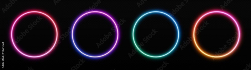 Gradient neon circle frames set. Glowing borders isolated on a dark background. Colorful night banner, vector light effect. Bright illuminated shape.