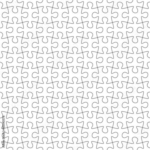 Puzzle seamless pattern. Outlines joined blank segments. Completed endless mosaic. Educational creative game. White grid. Assemble jigsaw. Connected riddle pieces. Vector background