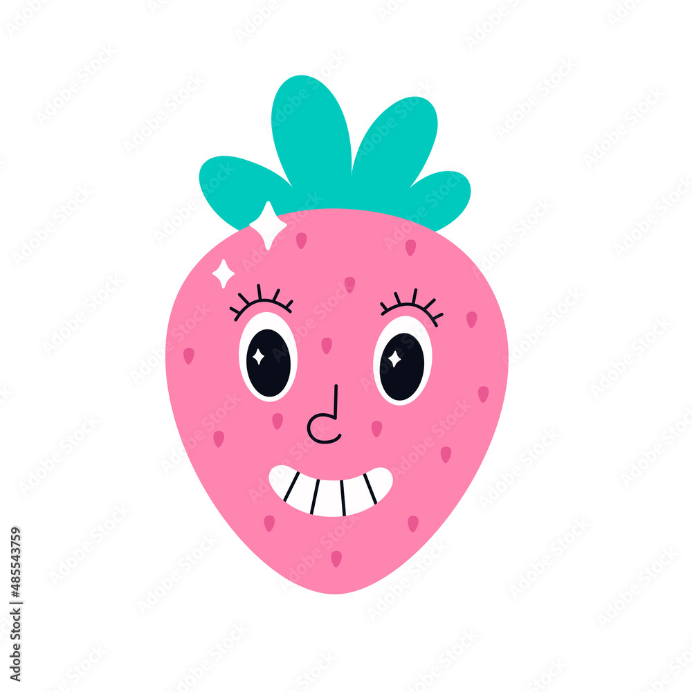 Cute strawberry character in retro style with eyes. Hippie, psychedelic, retro and vintage style. Vector illustration
