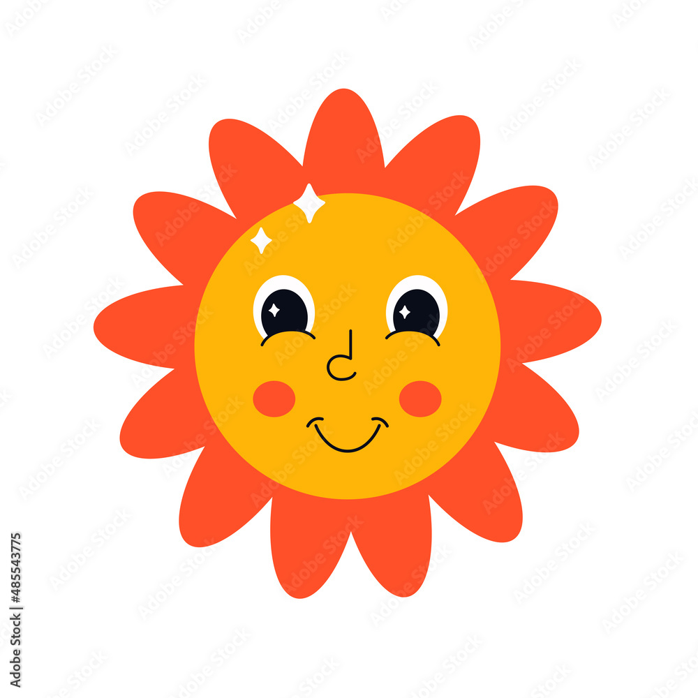 Cute sun character in retro style with eyes. Hippie, psychedelic, retro and vintage style. Vector illustration
