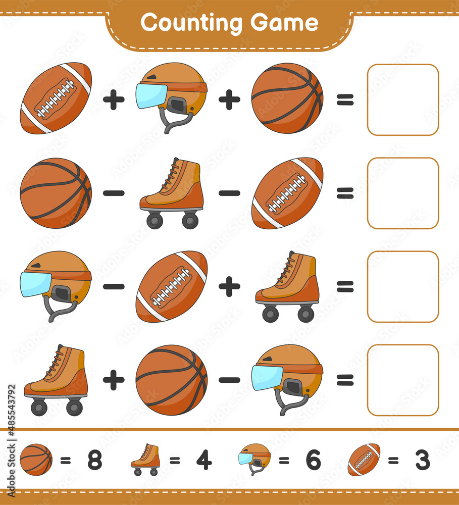 Count and match, count the number of Hockey Helmet, Roller Skate, Basketball, Soccer Ball and match with the right numbers. Educational children game, printable worksheet, vector illustration